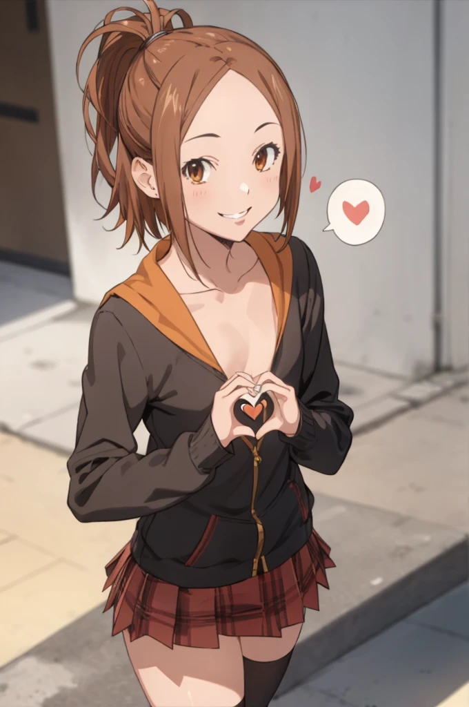 miyoshi kaya, light brown hair, high ponytail,orange eyes, parted bangs, forehead,
 1girl,solo,looking at viewer, ,evil smile,,,(spoken heart),,outdoor,flat chest,miniskirt,long sleeves