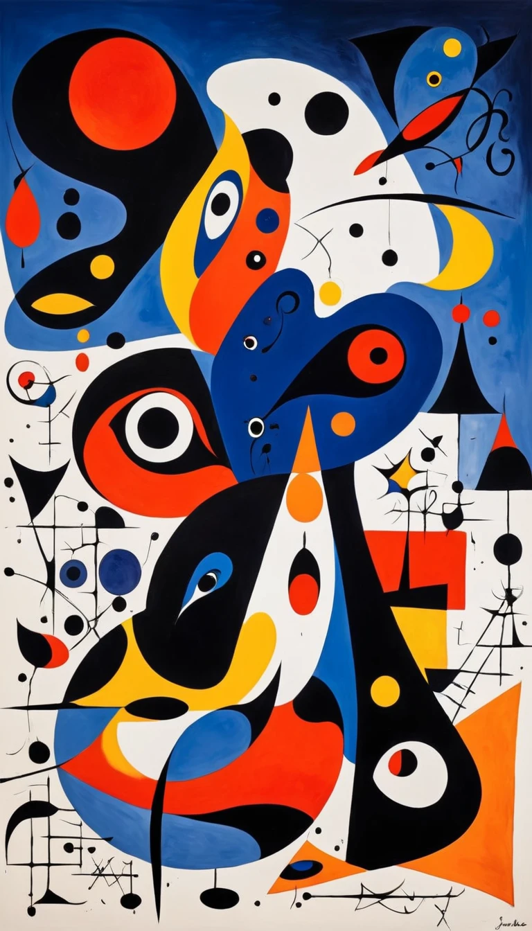 Create a painting in the style of Joan Miró, Element Transformation，Mainly red, orange, Dark Blue, black and white