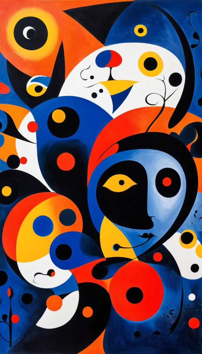 Create a painting in the style of Joan Miró, Element Transformation，Mainly red, orange, Dark Blue, black and white