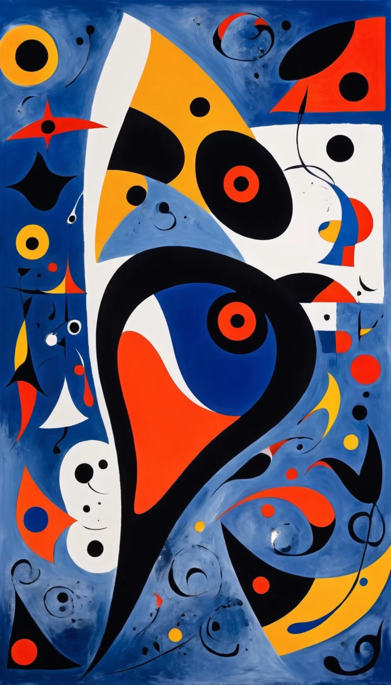 Create a painting in the style of Joan Miró, Element Transformation，Mainly red, orange, Dark Blue, black and white