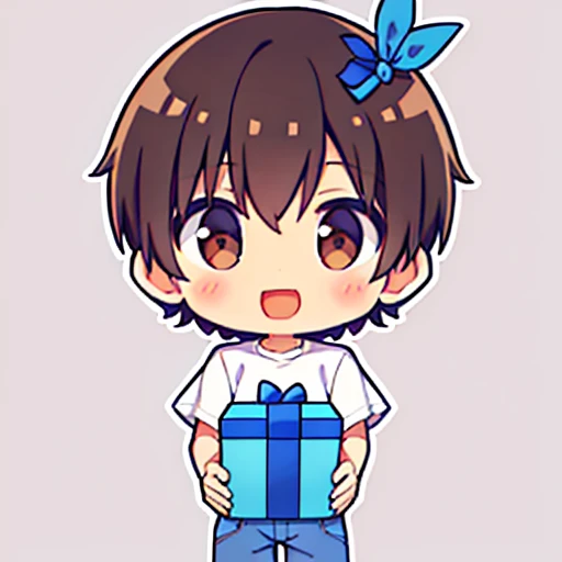 A short boy (shota) with short brown hair, wearing a white T-shirt and blue jeans, is holding a gift box. He has a cheerful expression on his face, and the gift box is wrapped neatly with a ribbon on top.