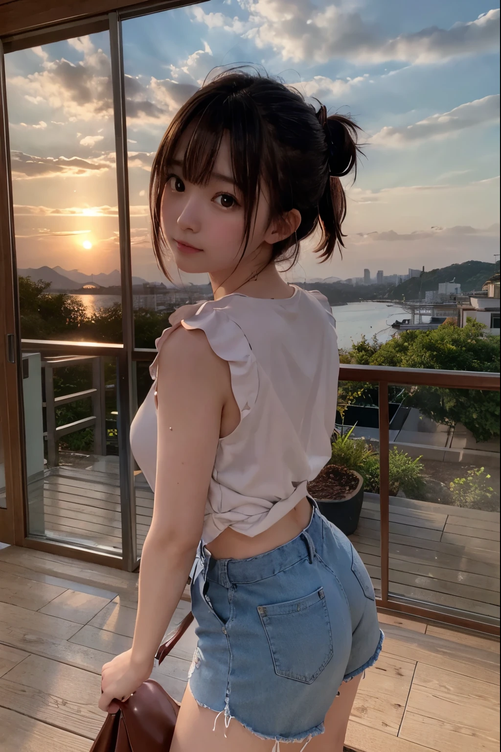 Framing Photo, Framed by Lattice Doors with Wooden Mullions:1.2, 
Light Purple Dusk, Twilight, Serene View, Ocean, Inlet, Mountain, Cloud, Water Reflection, Summer, 
Concrete Platform of Railway Station Notched by Steps of Concrete Stairs:1.2), 
Strong Backlight, 
 BREAK 
1 Japanese Girl, Kawaii, Short Hair Bun:1.2, Cute Eyes, Wide-Set Eyes, Tareme, Very White Skinned, Blush, Bashfully, -Yeld, 
wn Hair, Wet Hair, [Messy Hair], Light Smiling, Cheerful, [Pouted Cheek], [Ecstasy], 
Wearing SHIMAMURA Shirts + SHIMAMURA Short Pants, 
Looking Back Viewer, [from Bellow:1.2, from Behind:1.0, from Side:1.0], Dynamic Angle, (Eye Focus:1.0), 
SFW:1.0, Non-Nipple:1.0, 
 BREAK 
8K, RAW Photo, Best Quality, Masterpiece, Realistic, PhotoRealistic, Extremely Detailed 8K Wallpaper, Beautifully Detailed Eyes, Finely Detailed Face, [POV Shot], 
 BREAK 
High-Key Lighting, Professional Lighting, Bokeh:1.0
