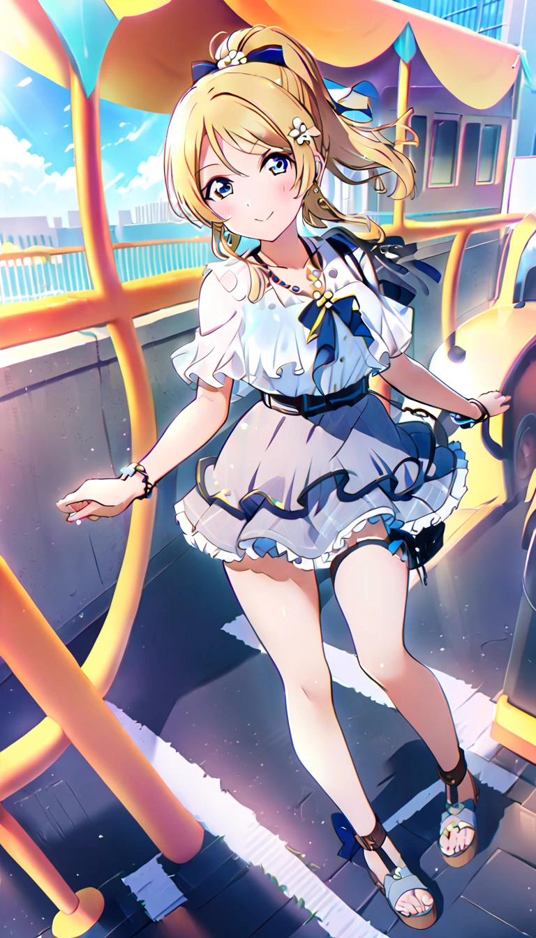 A girl, Ayase Eri full body, wearing clothes going out in the city in midsummer, id_eli_ayase, city background,8k