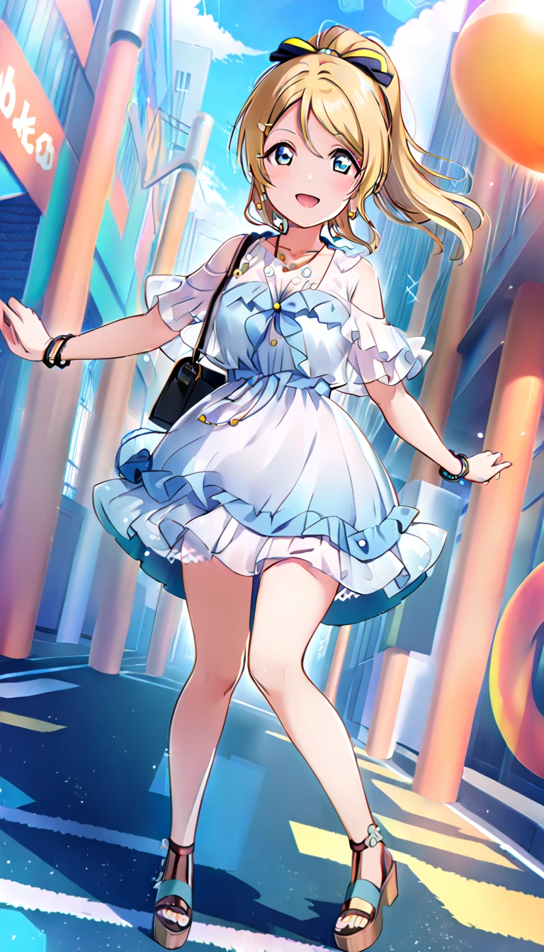 A girl, Ayase Eri full body, wearing clothes going out in the city in midsummer, id_eli_ayase, city background,8k