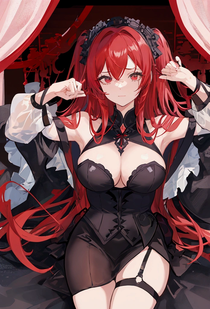 A villain with a ladylike, arrogant air.。Red hair、Her chest is large because of the open-chested outfit.、There is a slit in the waist part.、Her legs are plump and she is wearing a black skirt and a garter belt.。This woman is depicted lying with a disfigured face after being defeated in a sword fight.。Clothes are everywhere々、Torn by the Battle。