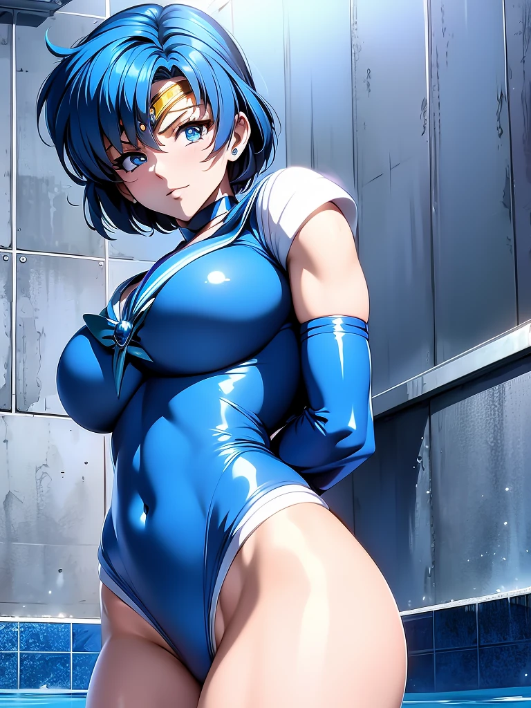 Sailor mercury in full police suit,long blue hair,Blue Power Ranger, hurricane ,Sexy goth woman big breast, character sheet,inside a pool,High Resolution, Large breasts,