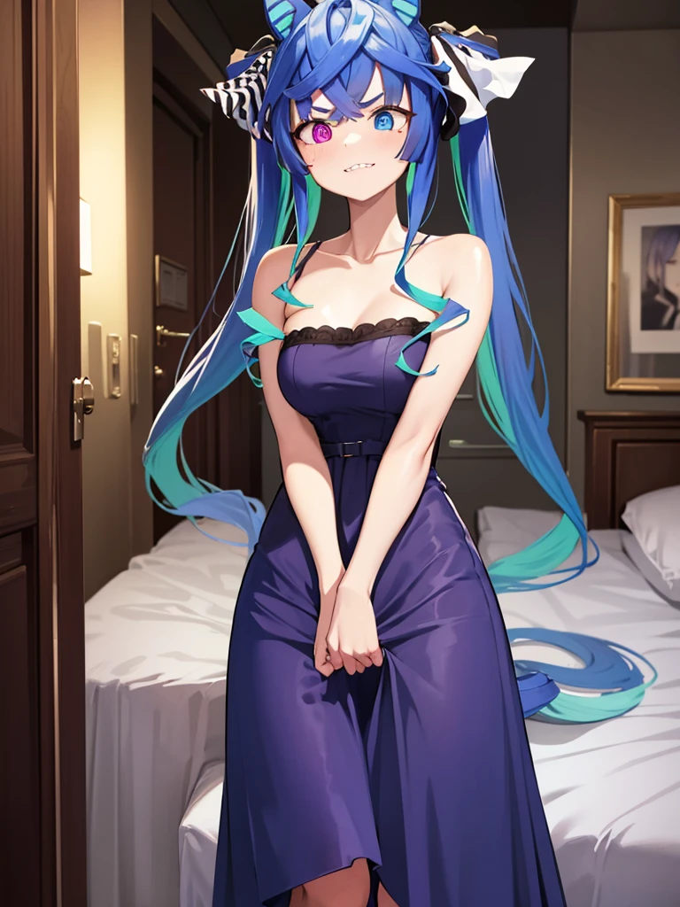 (masterpiece、top-quality、hight resolution), In a dimly lit hotel room, standing before her is the prostitute she is about to have sex with, and she immediately recognizes him as the delinquent girl who used to bully her in school. Her expression is a mixture of surprise and amusement as she realizes his true identity. She stands with one hand on her hip and a mischievous smile on her face, clearly enjoying his discomfort. The room is simple, the bed, nightstand, and dim lighting creating an intimate yet tense atmosphere. The focus is on the woman's facial expressions and body language, highlighting the awkward and unexpected reunion. Twin_Turbo_Umamusume, aqua hair, twintails, heterochromia, purple eyes, blue eyes, sharp teeth,hores tails, nsfw