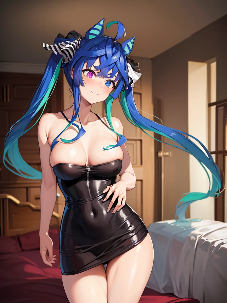 (​masterpiece、top-quality、hight resolution), In a dimly lit hotel room, standing before her is the ?????????? she is about to have ??? with, and she immediately recognizes him as the delinquent girl who used to bully her in school. Her expression is a mixture of surprise and amusement as she realizes his true identity. She stands with one hand on her hip and a mischievous smile on her face, clearly enjoying his discomfort. The room is simple, the bed, nightstand, and dim lighting creating an intimate yet tense atmosphere. The focus is on the woman's facial expressions and body language, highlighting the awkward and unexpected reunion. Twin_Turbo_Umamusume, aqua hair, twintails, heterochromia, purple eyes, blue eyes, sharp teeth,hores tails, ????