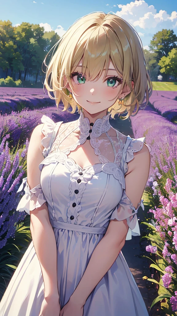 masterpiece, best quality,   (Medicine Melancholy:1),1girl,smile, blonde hair, short hair,ribbon,blue eyes,black shirt,purple skirt, purple bow,purple background, huge breasts, covered breasts, evil grin, looking at viewer, thick eyelashes, evil face, poison, purple mist, poisonous mist, poisonous gas, photorealistic, {{{Masterpiece}}}, {{{detailed}}} {{{high Resolution}}}, colorful, {{{cinematic lighting}}}, {{detailed}}, 4K, Touhou, Medicine Melancholy, alternate color pallete, ((lily-of-the-valley)), night, outside, starry sky, cumulus clouds, meadow, hills, (Nameless Hill, Suzuran field, Gensokyo)