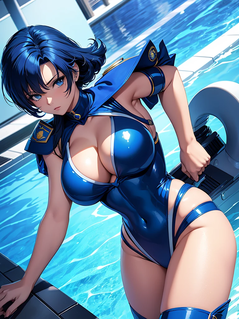 Sailor mercury in full police  suit,long blue hair,Blue Power Ranger, hurricane ,Sexy goth woman big breast, character sheet,inside a pool,High Resolution, Large breasts, 