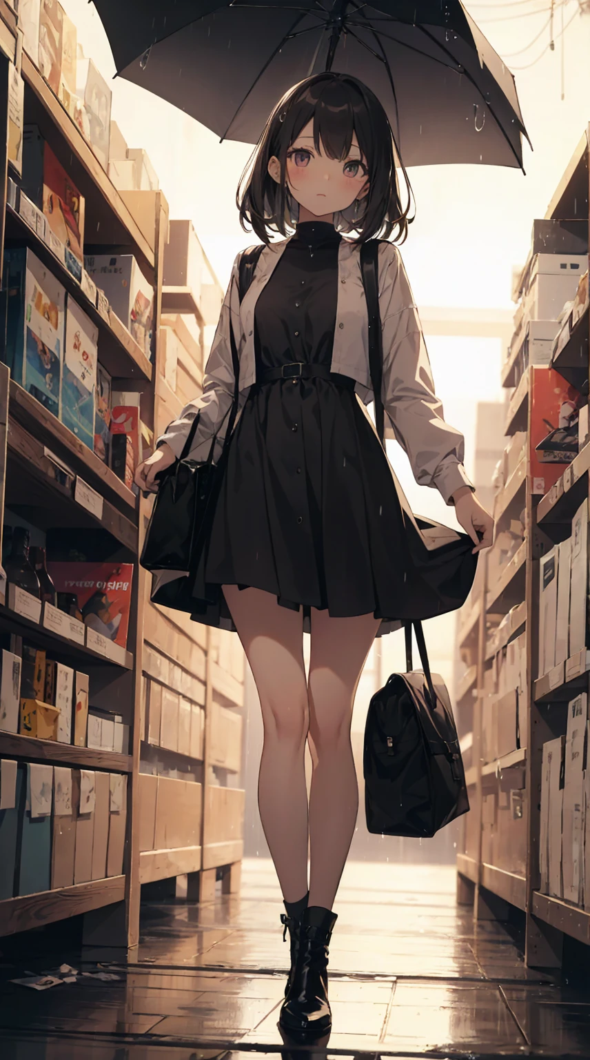 This illustration depicts a cute girl going on a holiday outing. She is in her twenties and has bright eyes. The place is like a park. However, the most noteworthy thing is the "last mysterious high-energy body" she emits. This energy body released from her body has the power to obliterate the garbage in the store. The pale light reaches every corner of the room. She is standing with an umbrella and is wearing a dress. It's raining.
