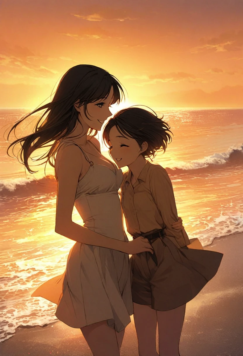 Two young adult South Korean women with height differences. The oldest in her twenty-eight with her black hair and shorter height and the youngest being shorter in her twenty-four with her blonde hair and stunning smile.  Embraced on the shore between sand and sea, they smile like a couple in love while the orange sunset sun illuminates their faces, which are enveloped by the beige colors of the sunset.
