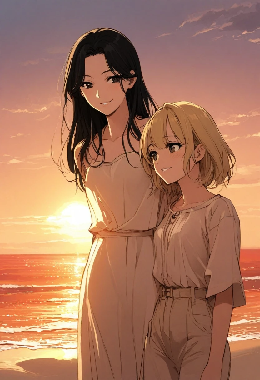 Two young adult South Korean women with height differences. The oldest in her twenty-eight with her black hair and shorter height and the youngest being shorter in her twenty-four with her blonde hair and stunning smile. Embraced on the shore between sand and sea, they smile like a couple in love while the orange sunset sun illuminates their faces, which are enveloped by the beige colors of the sunset.