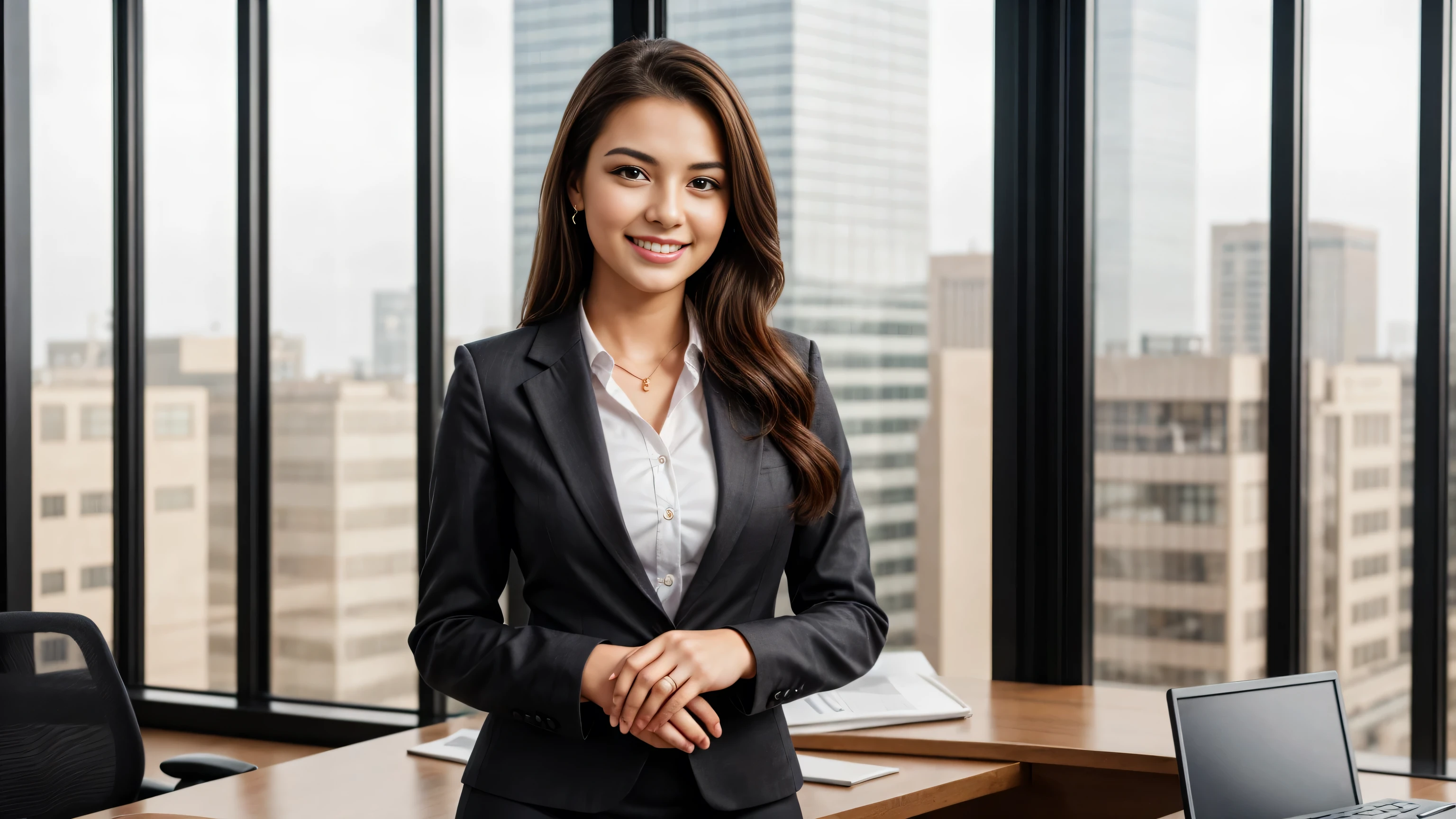 a beautiful girl in a professional office setting, black hair, looking at viewer, elegant red business attire, (red business dress), gentle expression, full smile, professional and efficient, warm lighting, photorealistic, highly detailed, cinematic composition, dramatic lighting, color grading, Rembrandt lighting