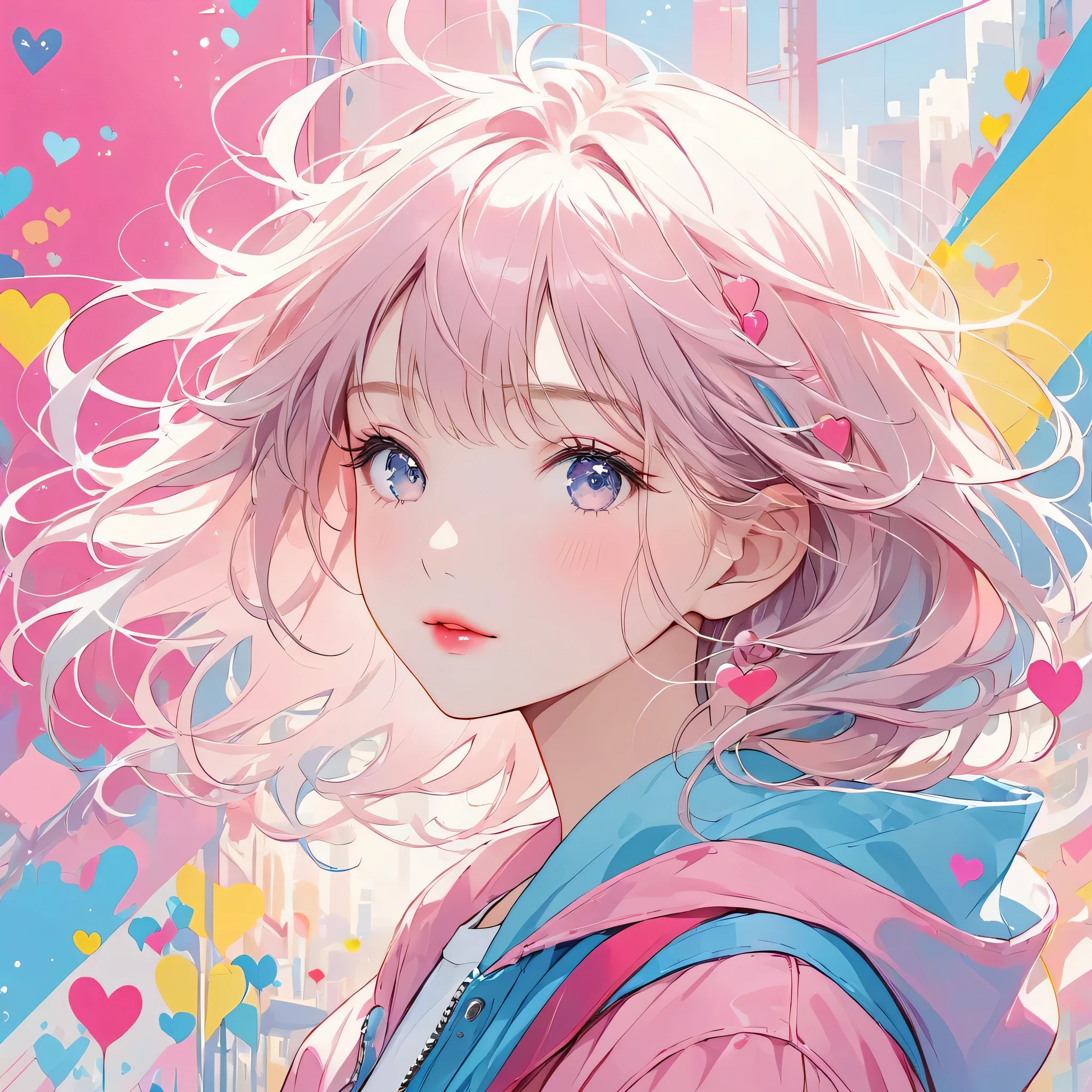 Makoto Shinkai Pink and White style, Simple Line Initialism,Abstract art,Urban Background, (((The most beautiful girl of all time))), Sweet face. Lips in love, colorful hearts, stylish design