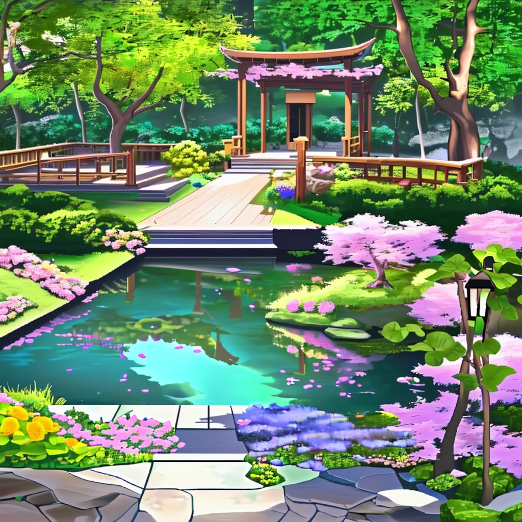 Create a landscaping project, with a small crystal clear lake with stone edges, a pedal walkway, a deck with wooden benches, a wooden pergola cover, broadleaf plants, flowers, a purple flowering tree, another tree with yellow flowers, a third tree with pink flowers, gram ((Perfection))((真实感))((Rendering)).