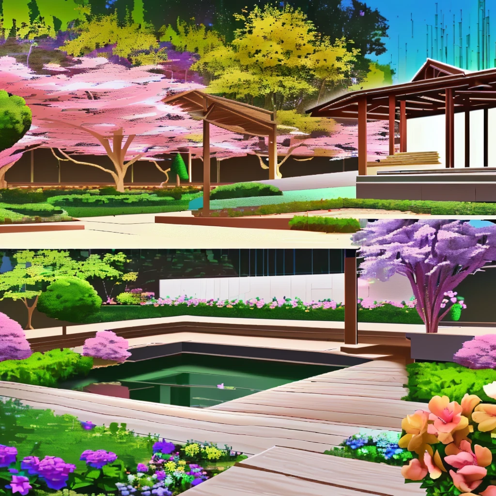 Create a landscaping project, with a small crystal clear lake with stone edges, a pedal walkway, a deck with wooden benches, a wooden pergola cover, broadleaf plants, flowers, a purple flowering tree, another tree with yellow flowers, a third tree with pink flowers, gram ((Perfection))((真实感))((Rendering)).