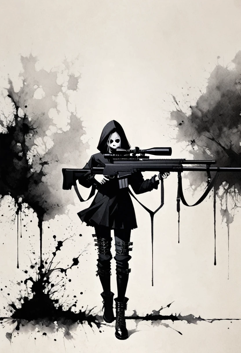 Grim Sniper,Holding a huge sniper rifle,Gothic,Minimalism,Linear Theory,Lots of white space,Ink Painting,Abstract,