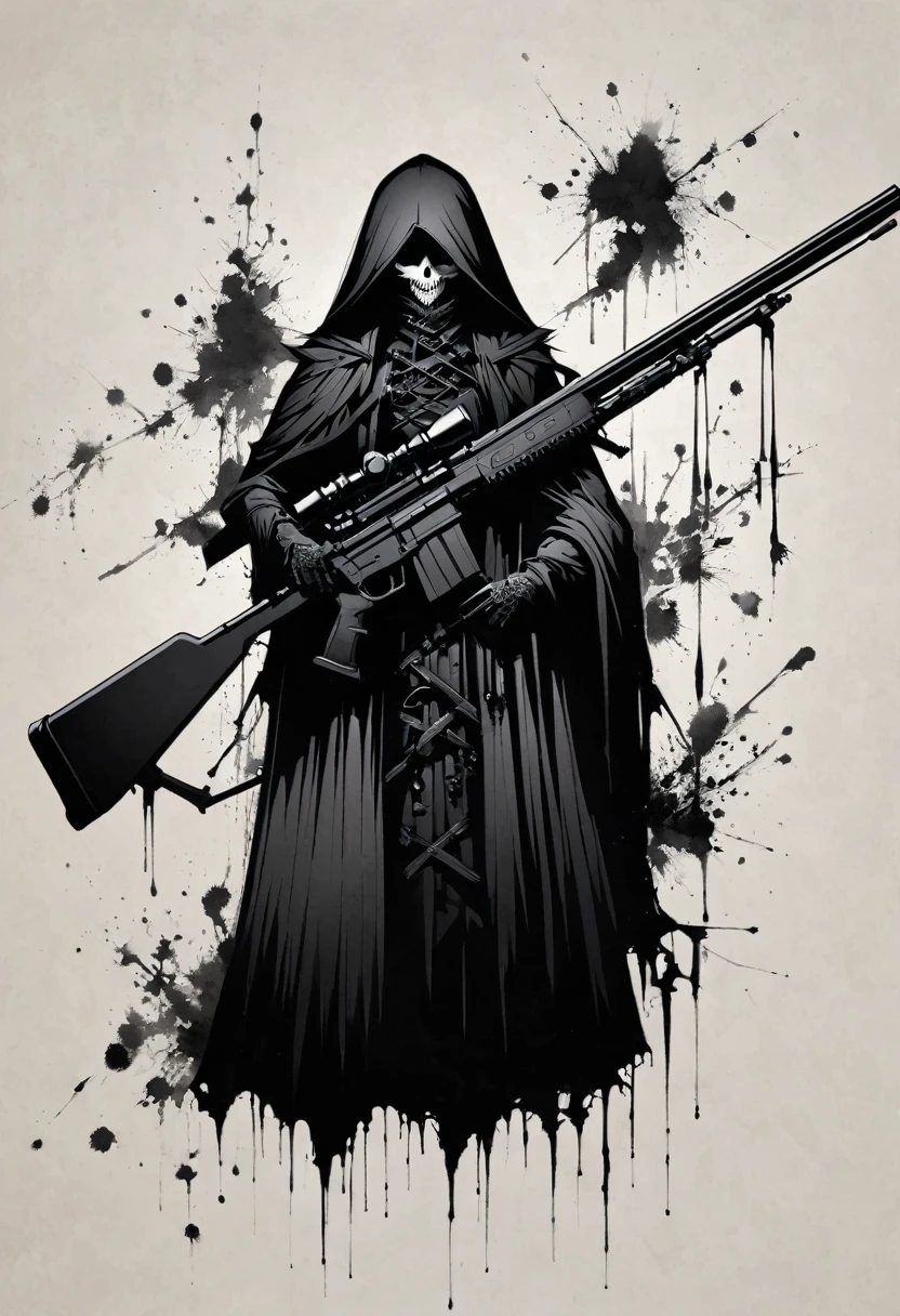 Grim Sniper,Holding a huge sniper rifle,Gothic,Minimalism,Linear Theory,Lots of white space,Ink Painting,Abstract,