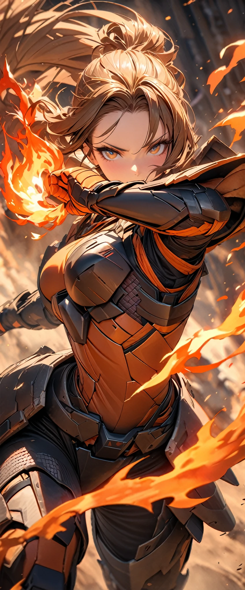 (masterpiece),(Highest quality),(High resolution),(Very detailed),8k,wallpaper,(Armored Core Style),Woman in ninja robot armor,(Tactical Forehead Protector),Random Hairstyles,(Fire Ninja),(Orange body),(Detailed face),((Cowboy Shot)),(The background is a blazing flame:1.3),(dynamic),(Use fire ninjutsu:1.3),(action shot),((Detailed hands,Beautiful female hands)),(Hand,detailed,perfect,perfection,hands)