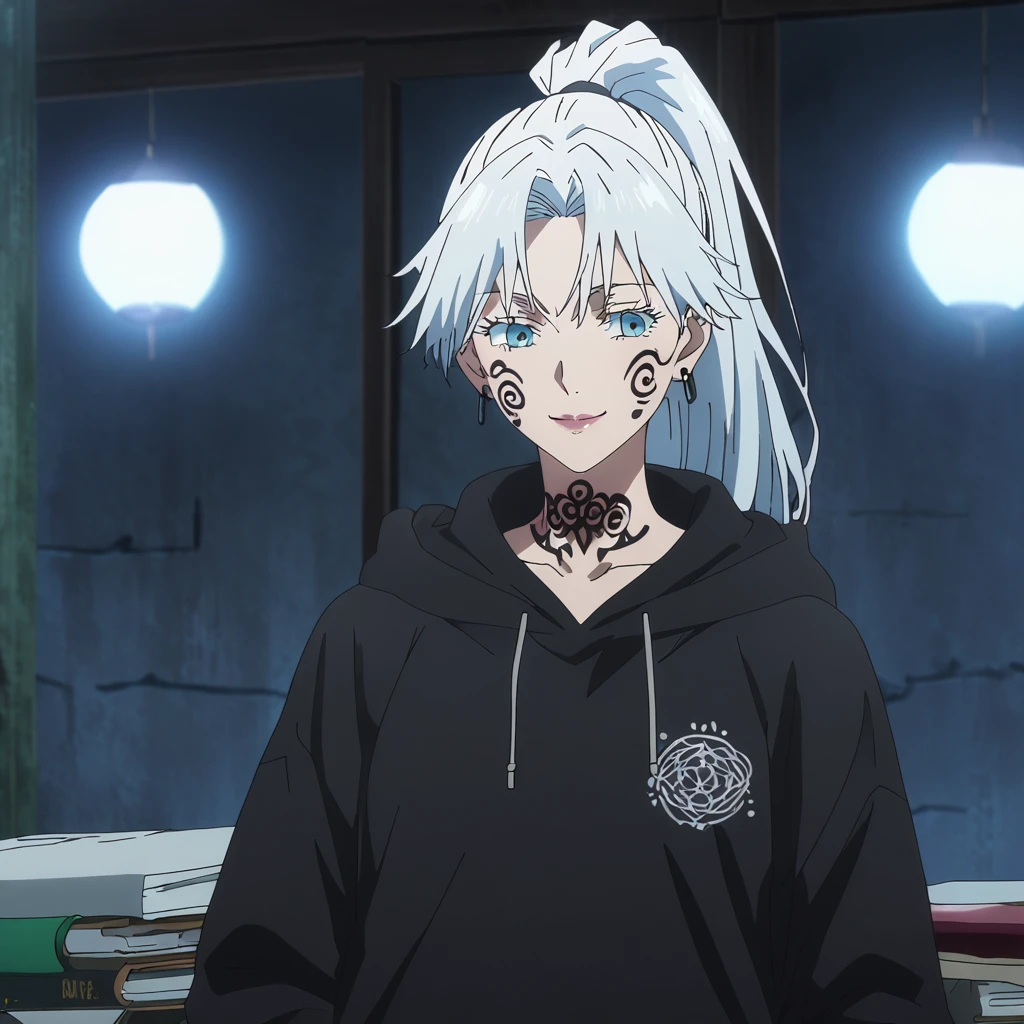 1girl, female gojo satoru, anime screencap from jujutsu kaisen, gojo satoru female version, solo, long_hair, ((facial tatoo, Sukuna)) ((White_hair, ponytail)), night view, (hanging breasts) upper_body, smile, indoors, book, lips, (long hair) ((wearing black colour hoodie )) breast, "very detailed and high resolution" (facial tatoo, Sukuna) ((solo)) (((front view))) (earings) ((high resolution)) ((good quality)) ((silky hair, ponytail))