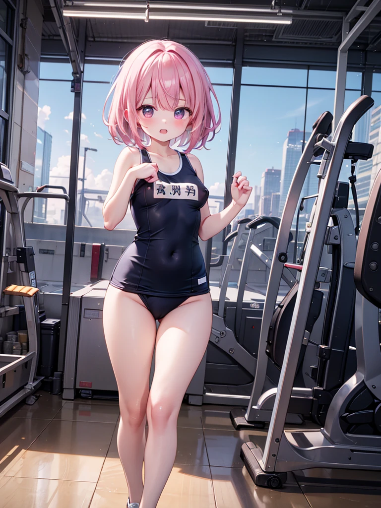 RAW Photos, Highest quality, High resolution, Very detailed、 8K image quality、、Nipples are visible、A friendly duo、Stadium、Pink gym clothes、School Swimsuit