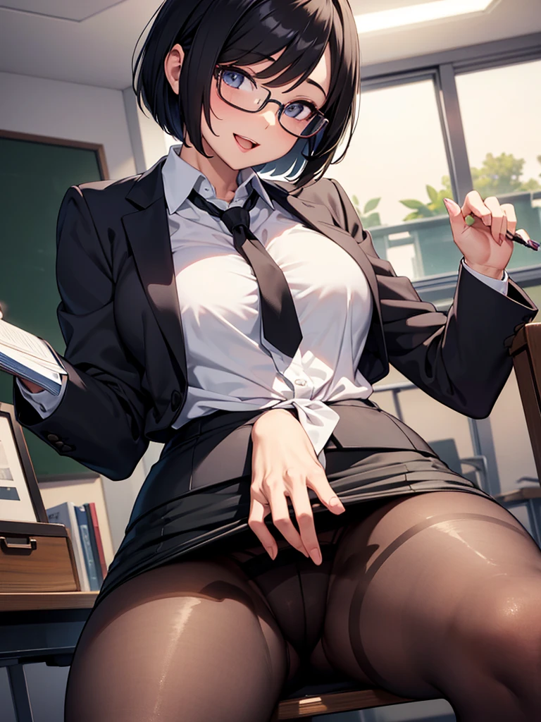 masterpiece, best quality, high definition images, atmospheric perspective, expressive eyes, perfect face, ultra detailed, solo, 1mature seductive woman sitting on desk, smile, pinup, sexy pose, alluring pose, female teacher, black short bob hair, simple glasses, business suit, jacket, blouse, pencil skirt, tight mini skirt, lifting skirt,  black panties, curvy, thighs, pantyhose, high heals, spread legs, focus groin, open mouth, from below, in study room,