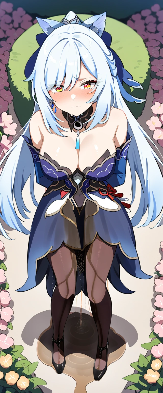 (masterpiece:1.37), best quality, (extremely detailed:1.37), (1girl:1.5), woman, (mature:1.5), (adult:1.5), jingliu, white hair, long hair, ponytail, hair ribbon, red eyes, earrings, jewelry, dress, pantyhose, (pelvic curtain:1.5), (extremely detailed eyes:1.37), (wetting self:2.0), desperation, (standing:1.5), embarrassed, humiliation, blushing, angry, cherry blossoms, garden, (golden hour:1.5), full body, from above