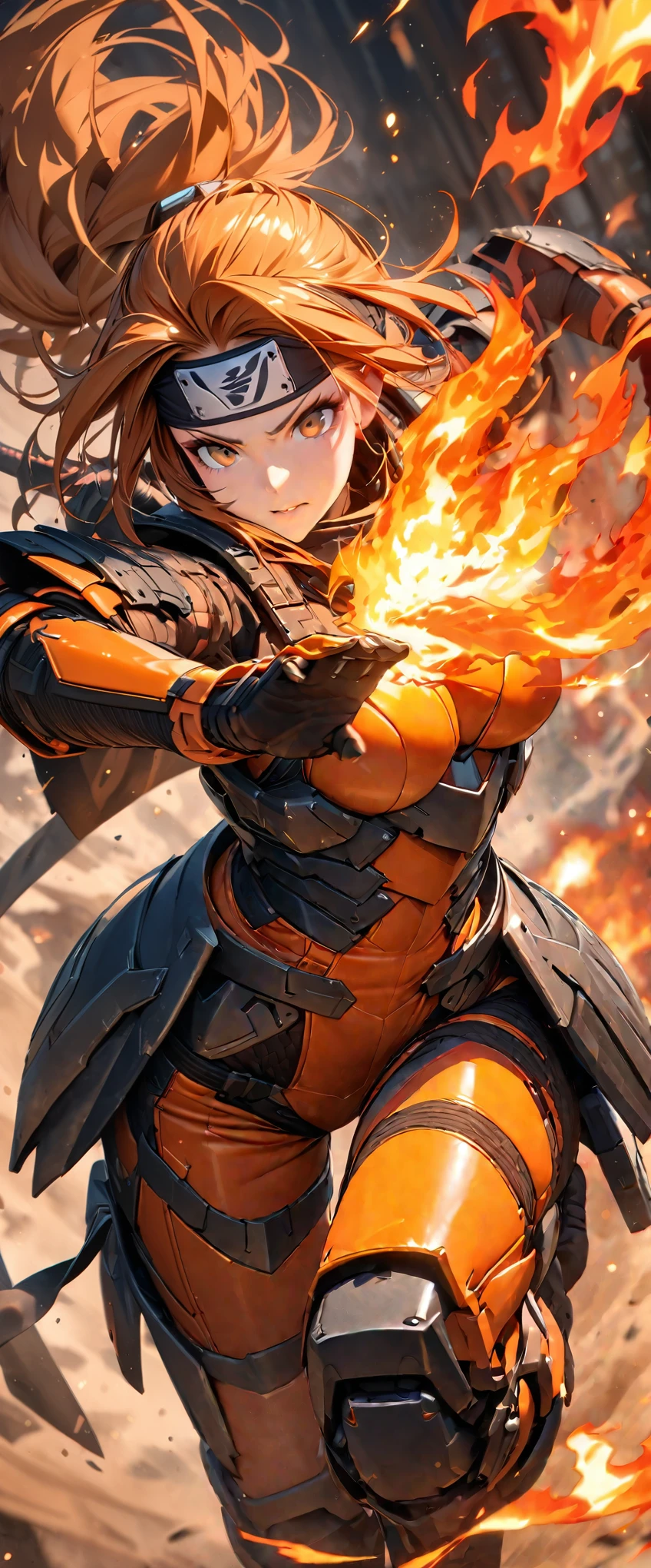 (masterpiece),(Highest quality),(High resolution),(Very detailed),8k,wallpaper,(Armored Core Style),Woman in ninja robot armor,(Tactical Forehead Protector),Random Hairstyles,(Fire Ninja),(Orange body),(Detailed face),((Cowboy Shot)),(The background is a blazing flame:1.3),(dynamic),(Use fire ninjutsu:1.3),(action shot),((Detailed hands,Beautiful female hands)),(Hand,detailed,perfect,perfection,hands)