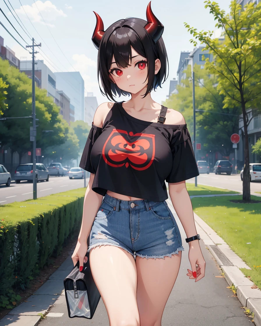 Black hair girl, short hair, cute face, Casual walk in the park, mini jean shorts, tight mini shorts, long stockings, bare shoulders, oversized t-shirt, ((big breasts)), red eyes, (demon horns), cute face, wide waist, tight long stockings, white cropped t-shirt, Translucent T-shirt, transparent