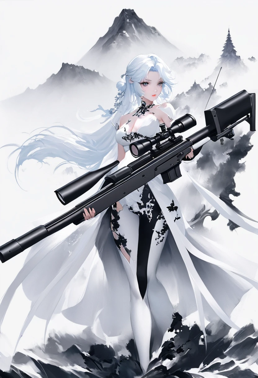 (Lots of white space:1.5),(Lots of white space around:1.6), White background, simple, Minimalism, Abstract,Mode,Aesthetic,black and white,Ink Painting,,a mountain,Sniper from a distance,Holding a huge sniper rifle,一幅Abstract的艺术插图, author:Li Song, Arte no estilo de Gu Weiss, Shin Jin Hye, Obra-prima de Gu Weiss, Ross Figure 1. 0, Beautiful digital illustrations, Inspired by Non-WLOP, simple數位藝術, jingna zhang, Gu Weiss, Stunning digital illustrations