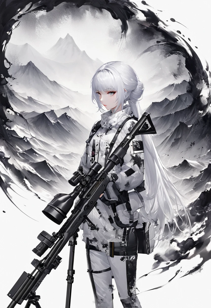 (Lots of white space:1.5),(Lots of white space around:1.6), White background, simple, Minimalism, Abstract,Mode,Aesthetic,black and white,Ink Painting,,a mountain,Sniper from a distance,Holding a huge sniper rifle,一幅Abstract的艺术插图, author:Li Song, Arte no estilo de Gu Weiss, Shin Jin Hye, Obra-prima de Gu Weiss, Ross Figure 1. 0, Beautiful digital illustrations, Inspired by Non-WLOP, simple數位藝術, jingna zhang, Gu Weiss, Stunning digital illustrations