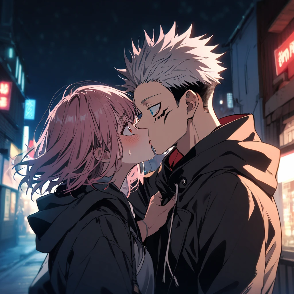 1girl, White hair, blue eyes, 1boy, pink_hair, blush, undercut, hetero, red_eyes, tattoo, long_hair, itadori_yuuji, spiked_hair, hood, short_hair, ryoumen_sukuna_(jujutsu_kaisen), night, facial_tattoo, hoodie, upper_body, jacket, extra_eyes, hood_down, black_jacket, imminent_kiss, kiss, looking_at_another, facial_mark, freckles, sweatdrop, bangs, black_hair, multicolored_hair, blue_eyes, clothes_grab, surprised