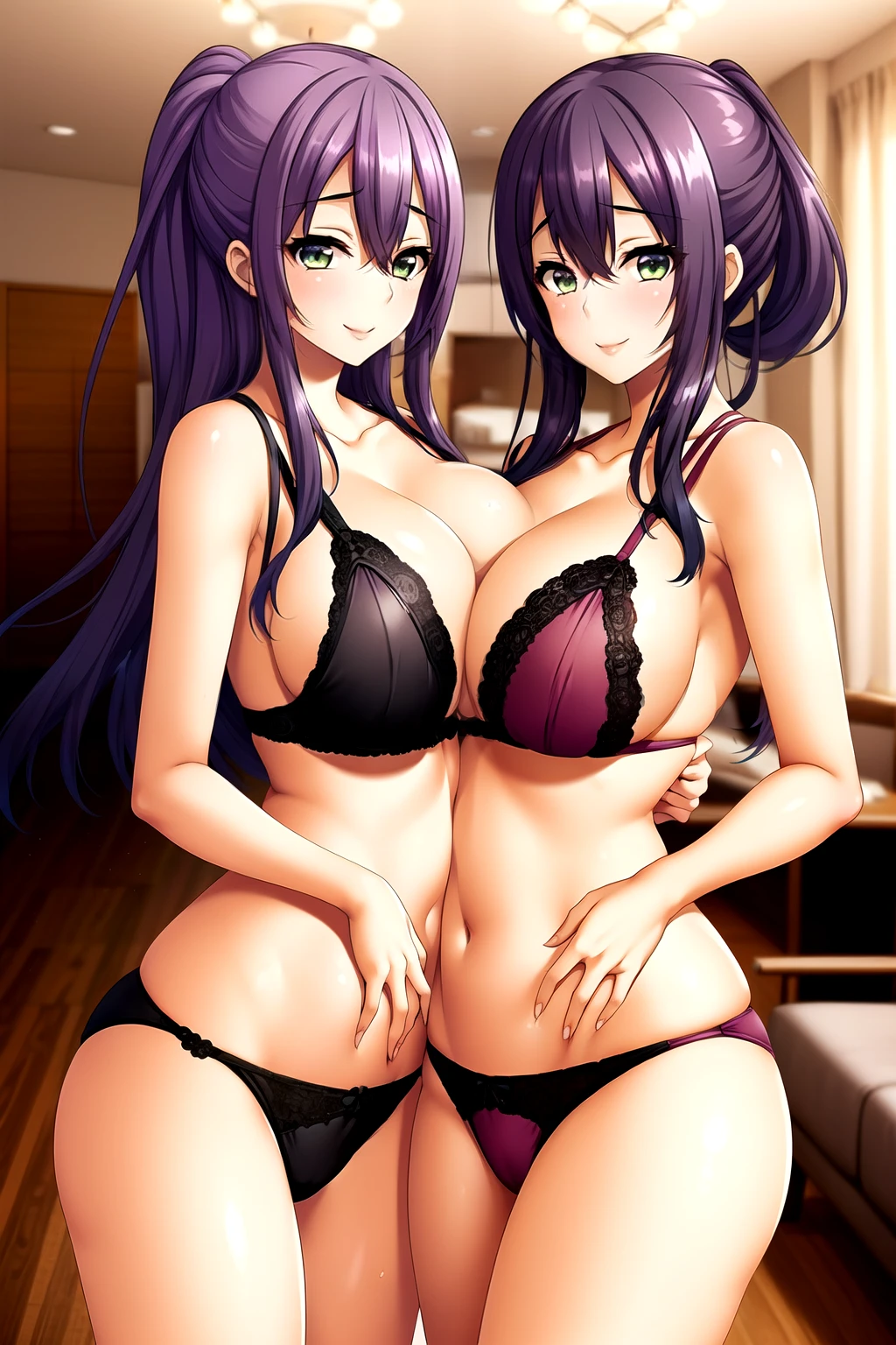 2 girls, mother and daughter, mother (Akashi Sarina, Green eyes, Violet Hair), daughter(Okina Mishio, violet eyes, Black Hair),Light滑的皮肤, Good, lace, underwear,Full body pictures, 25 years old,Young women,beautiful Finger,beautiful long legs,beautiful body,beautiful Nose,beautiful character design, perfect Eye, perfect Face,expressive Eye,Perfect balance, Looking at the audience,(Focus on her Face),housing, (Innocent_Big goals_Eye:1.0),Light_Smile, Official Art,Very detailed CG unity 8k wallpaper, Perfect lighting,rich and colorful, bright_front_Face_Lighting,Light skin, (masterpiece:1.0),(the best_quality:1.0), Ultra-high resolution,4K,Very detailed, photography, 8K, Human Development Report, high resolution, absurd:1.2, Kodak Portrait 400, Film Grain, Blurred background, Bokeh:1.2, Lens Light Halo, (Energetic_color:1.2),专业photography师, (beautiful,Chest:1.3 (beautiful_Face:1.5),(narrow_waist),Smile, Happy，Slim,2 girls, mother and daughter, Good, underwear