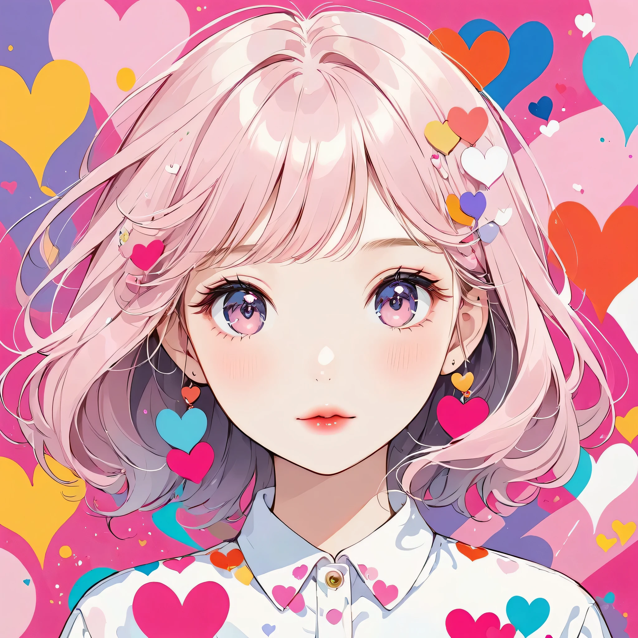 Hayao Miyazaki Pink and White style, Simple Line Initialism，Abstract art，Urban Background, (((The most beautiful girl of all time))), Sweet face. Lips in love, colorful hearts, stylish design