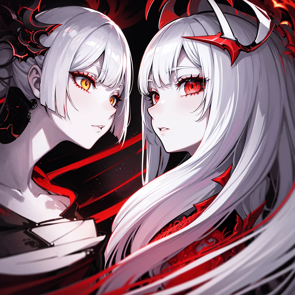 white-haired anime girl and Dark dragon, red eyes, intricate black headdress, pale skin, close-up portrait, side profile, ethereal expression,  head, scales, fierce yellow eye, Gothic fantasy theme. Monochromatic color palette with red accents, Digital art, highly detailed, intricate linework, Anime style with realistic elements, Dramatic contrast between light and shadow,