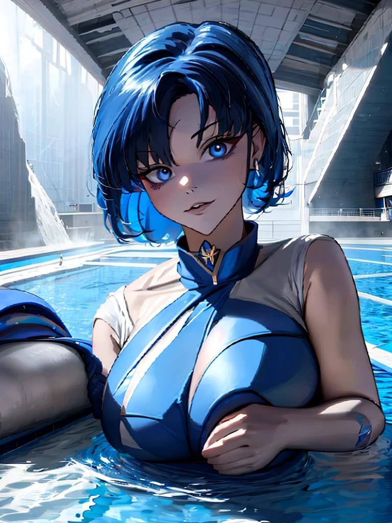 Sailor mercury in full police  suit,long blue hair,Blue Power Ranger, hurricane ,Sexy goth woman big breast, character sheet,inside a pool,High Resolution, Large breasts, 