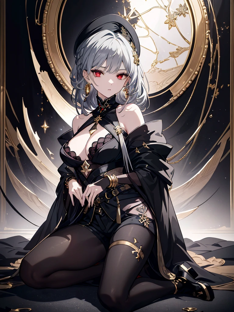 8k,High resolution RAW color art, Anime Art,Silver Marble Skin, (((Highly detailed elegant))), Detailed skin, texture,(Exquisitely crafted, The finer details, Ultra-detailed art), (((1 girl))), Depth of written boundary, Silky Touch, Hyper Detail, (((Cool face))), eye shadow、Armed women, Beautiful detailed red eyes, Beautiful lip detail, Highly detailed face, Delicate depiction of hair and eyes, Detailed Fashion, Golden Earrings,Full body depiction, Black half-top bra、Black shorts、Waist Cloak、black tights、Golden decoration, Gray Hair, Golden bracelet, Straight Hair、(((Hair)))、moonlight、Calm background、(((Black theme)))、Snowflake background、Side view、Kneeling、Less exposure
