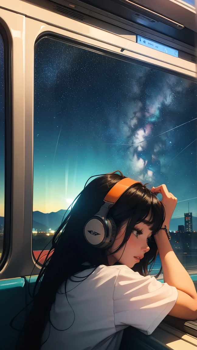 train, Sit by the window, high quality、T-Shirts, Stargazing, His head was stuck in the glass, Put on your headphones, Scenery passing by at high speed, Night Travel, Beautiful starry sky, beautiful girl, UHD Portrait, (, colorful, Long hair in color 🌈