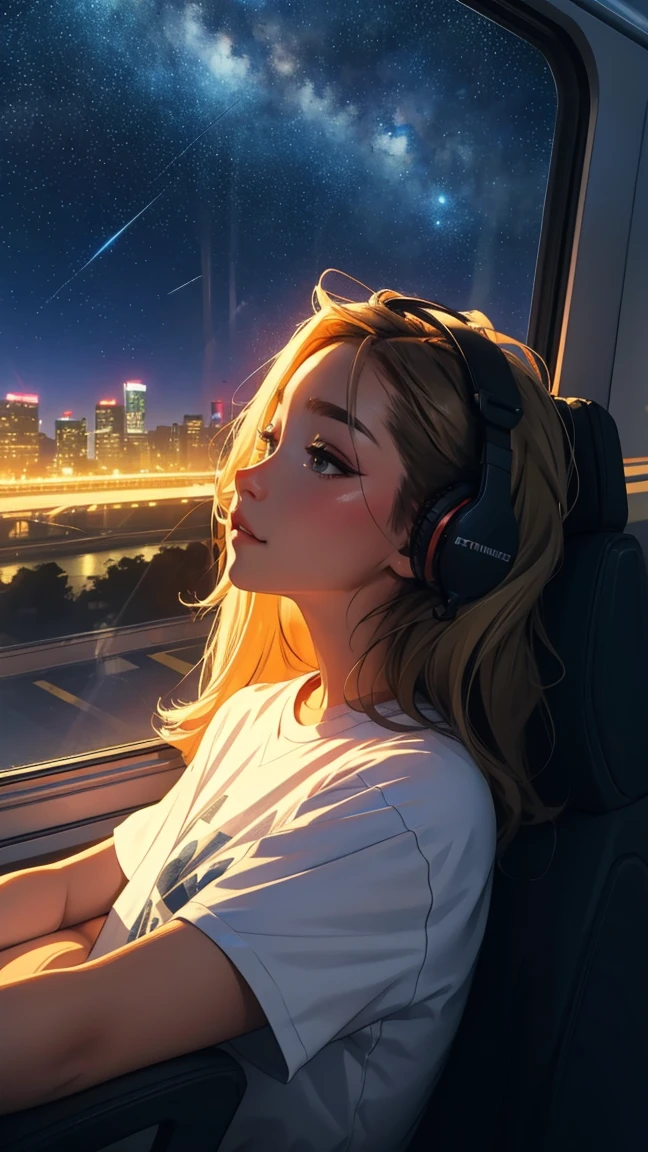 train, Sit by the window, high quality、T-Shirts, Stargazing, His head was stuck in the glass, Put on your headphones, Scenery passing by at high speed, Night Travel, Beautiful starry sky, beautiful girl, UHD Portrait, (, colorful, Long hair in color 🌈