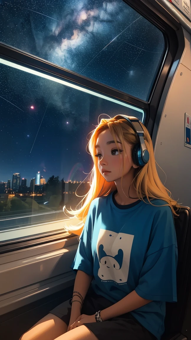 train, Sit by the window, high quality、T-Shirts, Stargazing, His head was stuck in the glass, Put on your headphones, Scenery passing by at high speed, Night Travel, Beautiful starry sky, beautiful girl, UHD Portrait, (, colorful, Long hair in color 🌈