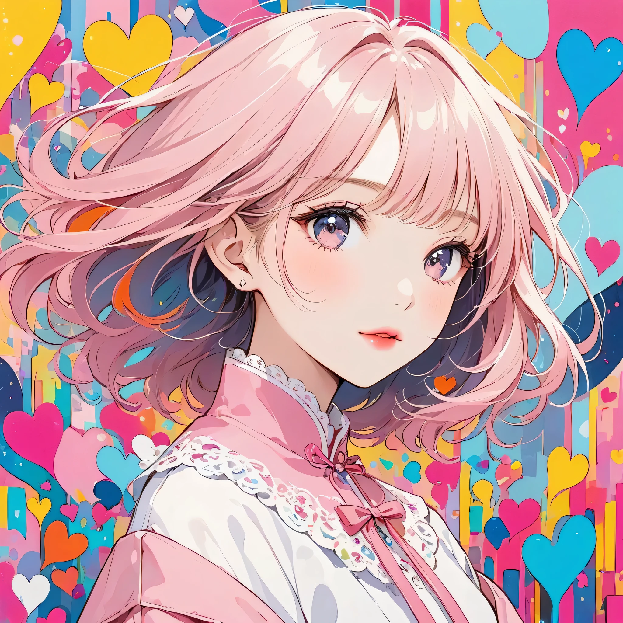 Hayao Miyazaki Pink and White style, Simple Line Initialism，Abstract art，Urban Background, (((The most beautiful girl of all time))), Sweet face. Lips in love, colorful hearts, stylish design