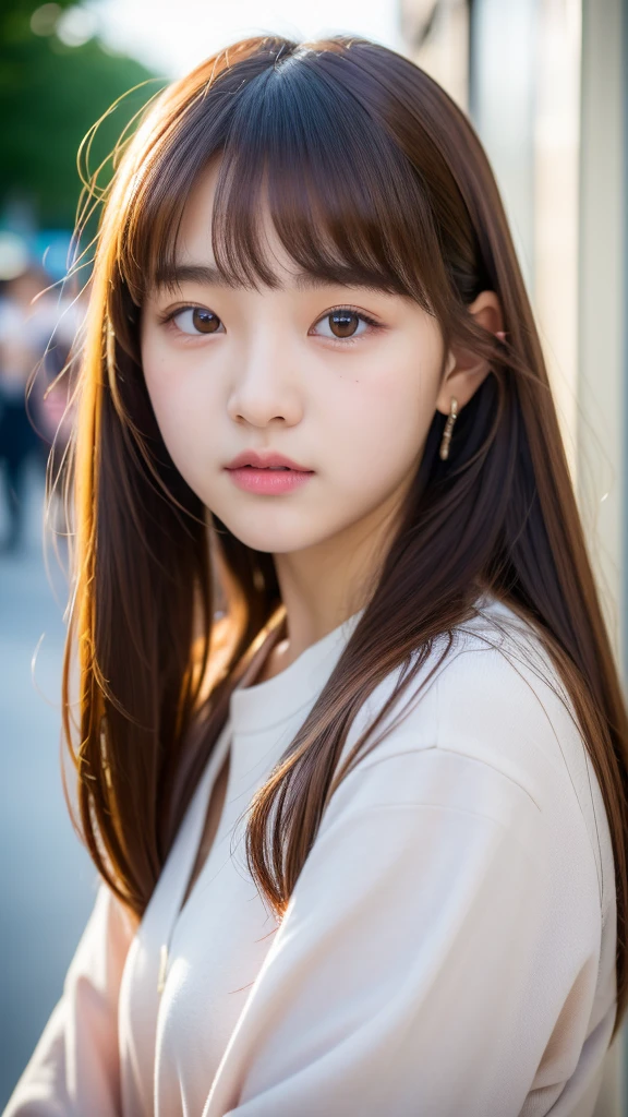 (best quality, 8k, 32k, masterpiece, UHD:1.2), ultra high resolution, (pretty a Korean early teen girl), 13 years old, portrait, beautiful detailed eyes, semi long brown hair, bangs, crowded city street