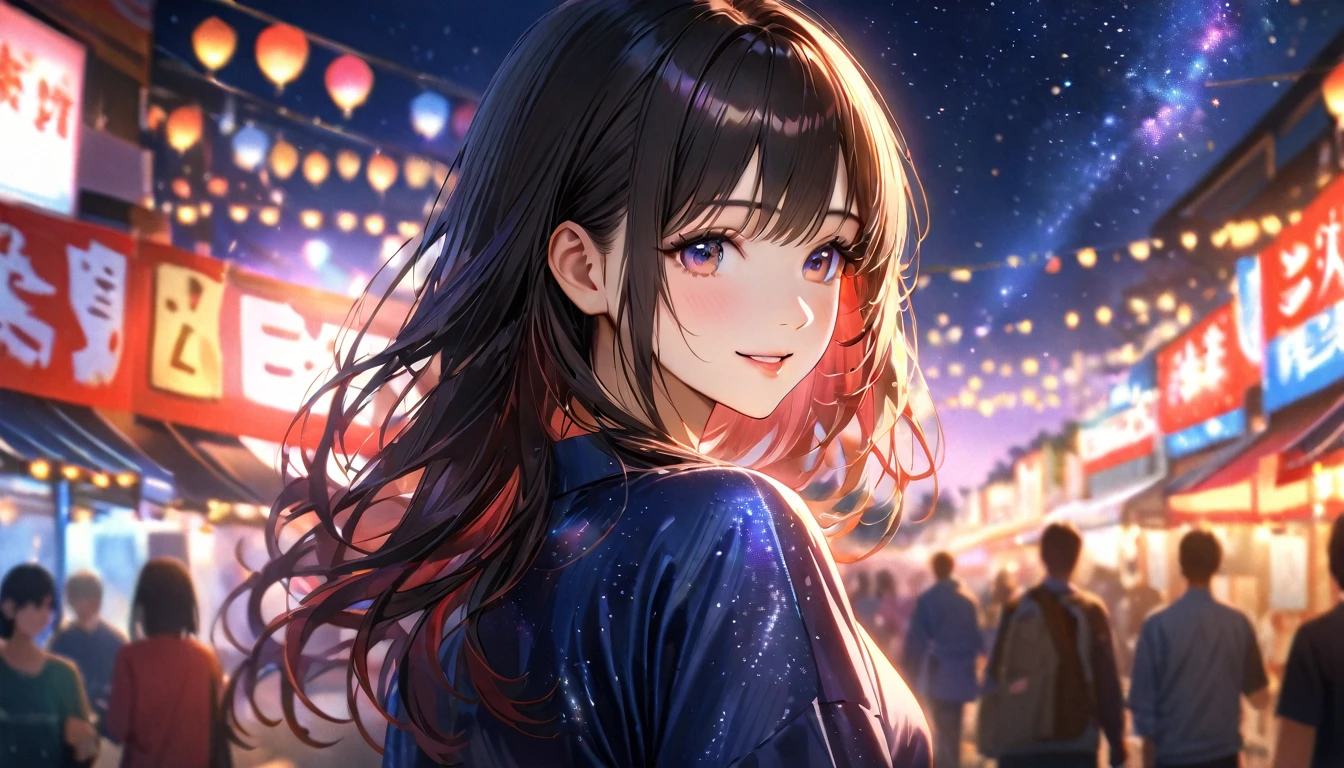 Young woman enjoying the summer festival,night, Starry Sky,yukata,Gazing at the sky,Blur the background,high school girl,smile,Glitter effect,Highest quality, 8k, High resolution, masterpiece:1.2, Very detailed, Realistic:1.37, High resolution, 超High resolution, Ultra-fine painting, Very detailed, Professional, Vibrant colors