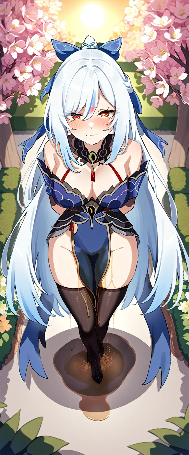 (masterpiece:1.37), best quality, (extremely detailed:1.37), (1girl:1.5), woman, (mature:1.5), (adult:1.5), jingliu, white hair, long hair, ponytail, hair ribbon, red eyes, earrings, jewelry, dress, pantyhose, (pelvic curtain:1.5), (extremely detailed eyes:1.37), (wetting self:2.0), desperation, (standing:1.75), embarrassed, humiliation, blushing, angry, cherry blossoms, garden, (golden hour:1.5), full body, (crossing legs:1.5), from above, (double peace sign:2.0), (torogao:2.0)