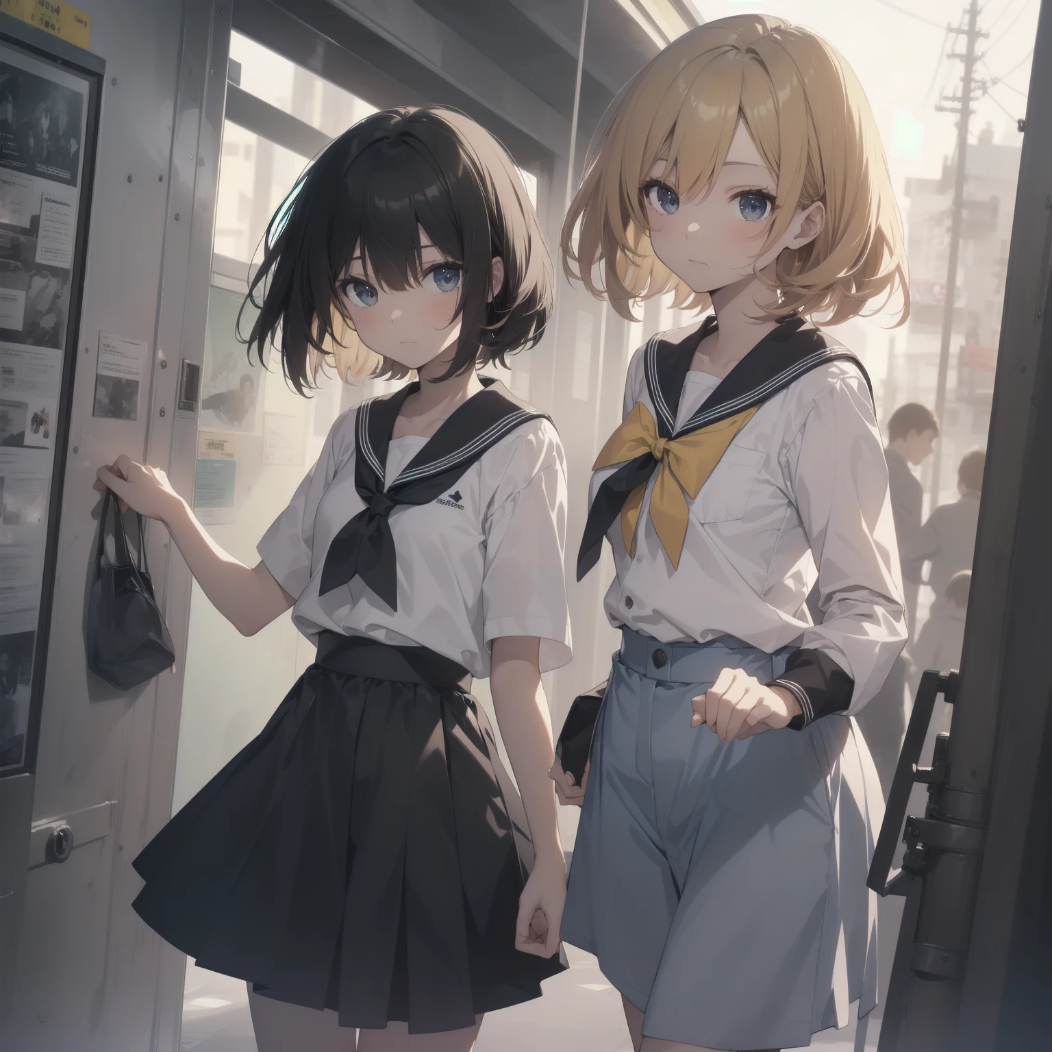 ultra-absurdres-Top quality by artist God, ultra-detailed, high resolution, anime moe artstyle, best anime 8k konachan wallpaper, pixiv contest winner, pool:2810, perfect anatomy,break, 1girl, (Please draw a girl walking sleepily to school alone. )break,(Solo,little female, 13-year-old:1.3),Full limbs, complete fingers,a junior high school student, (very short hair), short cut, flat chest, , small butt, small black eyes, beautiful detailed eyes, well-proportioned iris and pupils, expressive eyes, highres detailed hair, soft expression, salor school_uniform, sailor collar, serahuku, bow, pleated skirt,(Detailed Lighting), (Detailed background), in the School commute route. break,super detailed skin, Best cinematic lighting powered by famous artist, 8k,beauty illustration,photoshop_(medium),very aesthetic,break,((artist:yuuhagi_(amaretto-no-natsu) )), artist:clamp ,artist:carnelian ,artist:kantoku ,
