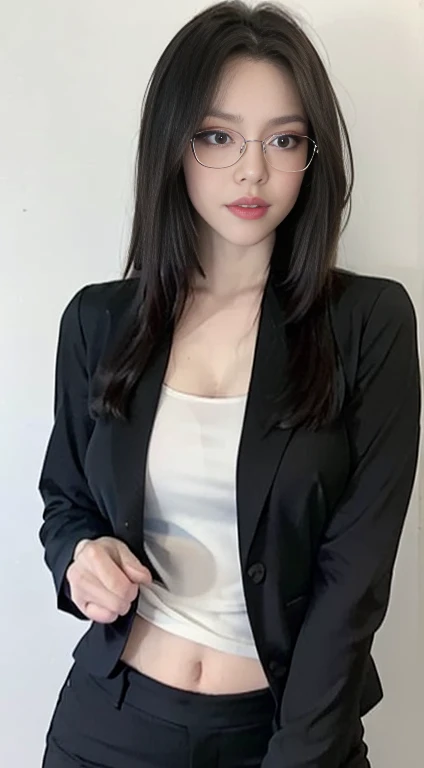 (best quality, masterpiece:1.2), white background, realistic, crew neck, closed-neckline, pants, (business jacket:1.2), (brown hair:1.2), big eyes, beautiful woman, smile, eyelashes, highly detailed face, fierce look, angry look, (long sleeved shirt: 1.2), looks like a naughty celebrity but is a good girl, virgin girl, inexperienced virgin girl, intimidating look