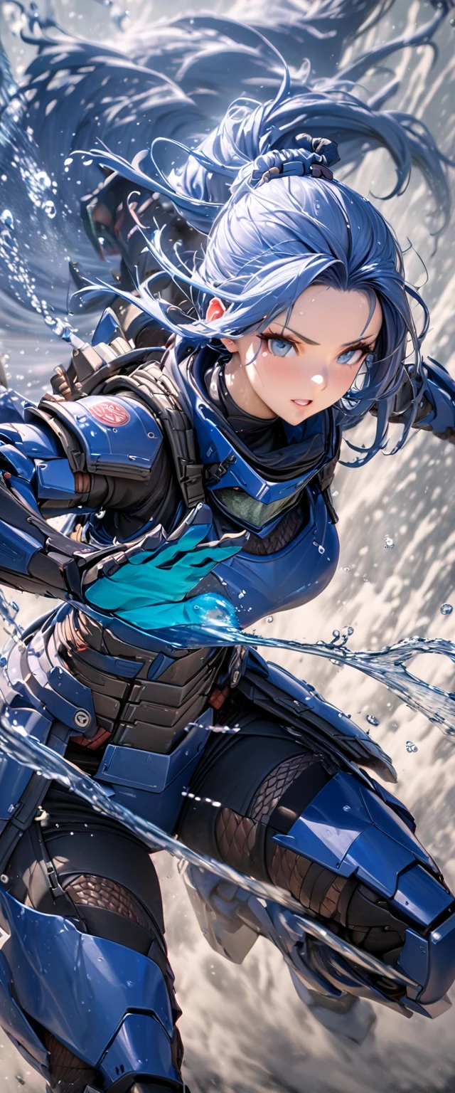 (masterpiece),(Highest quality),(High resolution),(Very detailed),8k,wallpaper,(Armored Core Style),Woman in ninja robot armor,(Tactical Forehead Protector),Random Hairstyles,(Water Ninja),(Blue body),(Detailed face),((Cowboy Shot)),(The background is thick fog:1.3),(dynamic),(Uses water ninjutsu:1.3),(action shot),Detailed hands,Beautiful female hands,(Hand,detailed,perfect,perfection,hands)