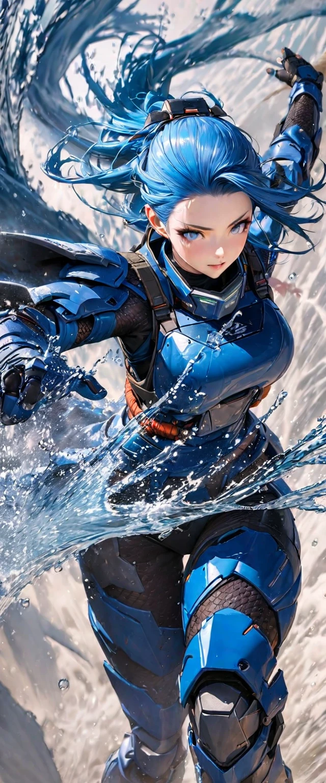 (masterpiece),(Highest quality),(High resolution),(Very detailed),8k,wallpaper,(Armored Core Style),Woman in ninja robot armor,(Tactical Forehead Protector),Random Hairstyles,(Water Ninja),(Blue body),(Detailed face),((Cowboy Shot)),(The background is thick fog:1.3),(dynamic),(Uses water ninjutsu:1.3),(action shot),Detailed hands,Beautiful female hands,(Hand,detailed,perfect,perfection,hands)