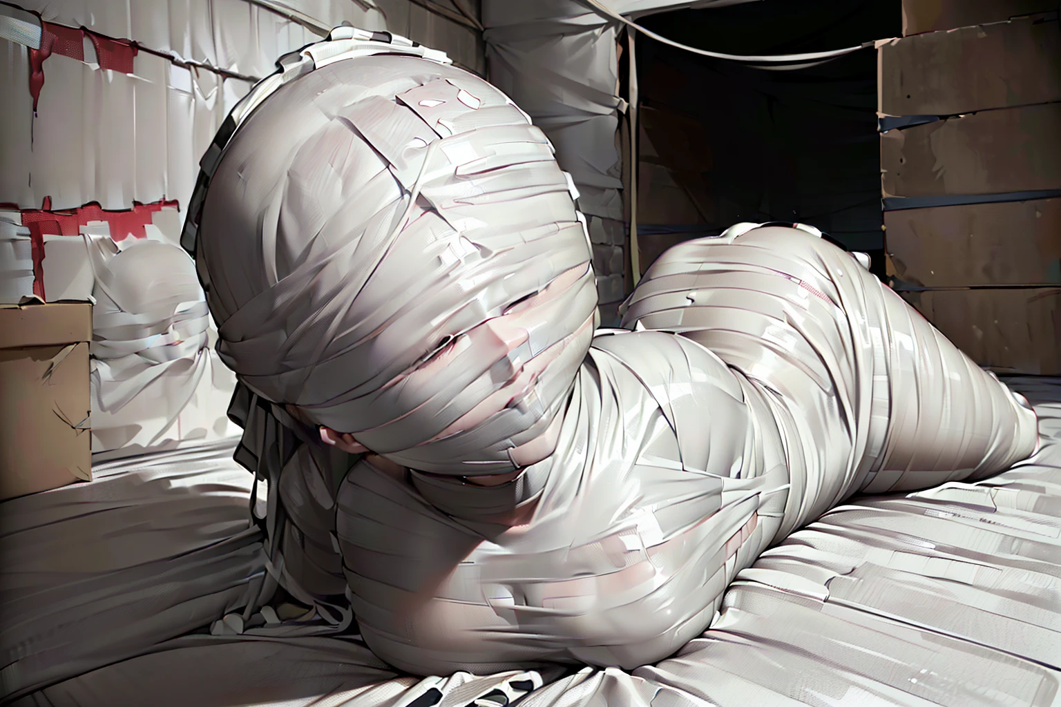 mummification, blindfold, tape gagged, (1 girl:1.4), ((Imprisoned in a warehouse)), (Highly detailed CG Unity 8k), (highest quality), (Very detailed), (Ultra-high resolution), ((Hands tied behind back)), ((Wrap the heads around with white duct tape:1.4)), (((Wrap the eyes around with white duct tape:1.5))), ((Wrap the mouth around with white duct tape:1.4)), ((blindfold around with white duct tape:1.4)), ((Wrap the face around with white duct tape:1.4)), ((From head to toe, wrap them in white duct tape to make a mummification:1.5)), Mummy Girl Crawling on the Ground, 